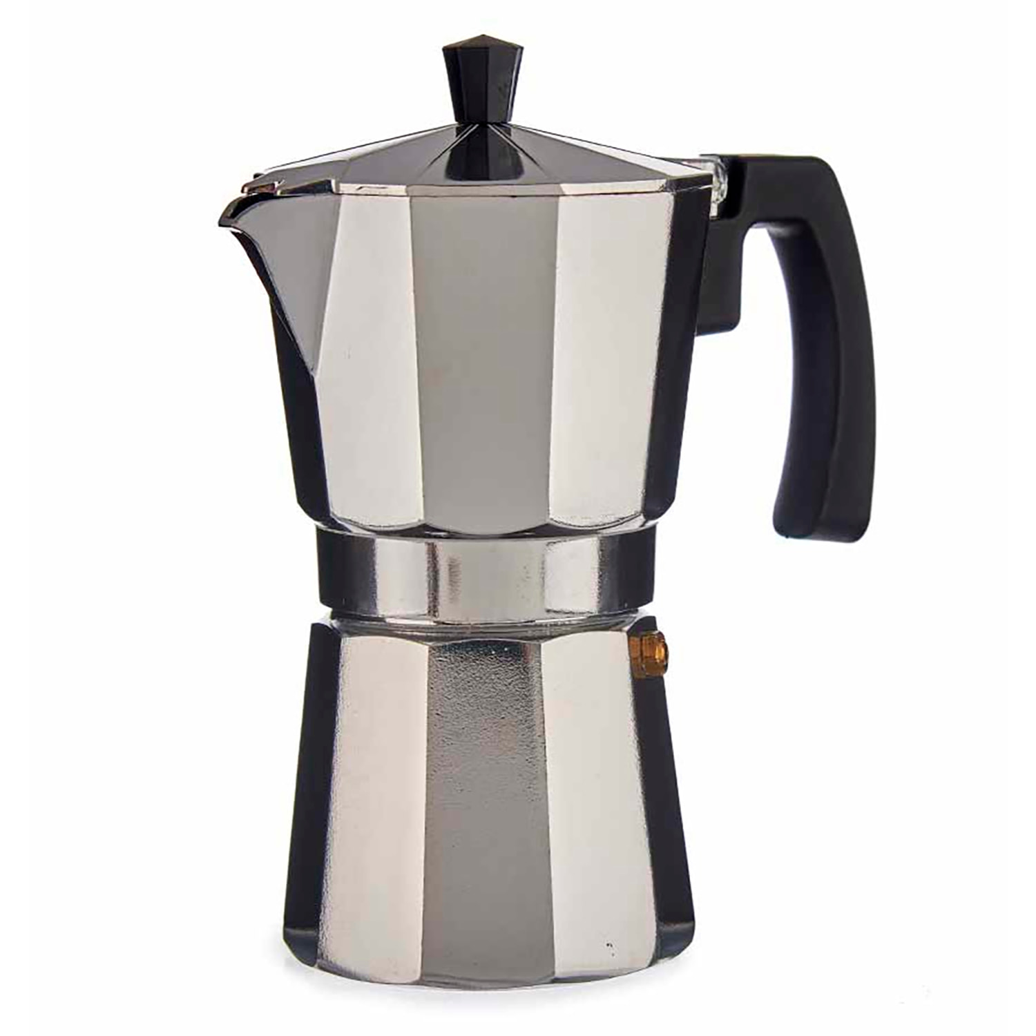 Cafetera de aluminio con asa y capacidad de 450ml para 9 tazas.