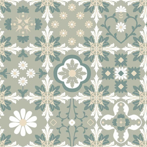 Papier peint carreaux rétro floraux vert sauge et crème
