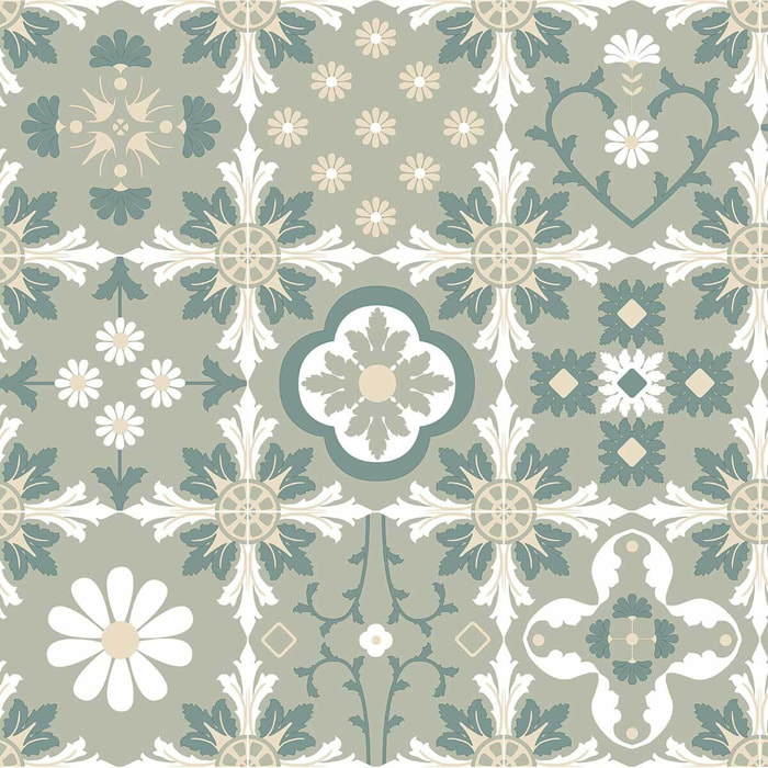 Papier peint carreaux rétro floraux vert sauge et crème