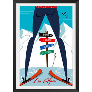 Poster retro piste noire…ou verte! Affiche + cadre en bois - Noir