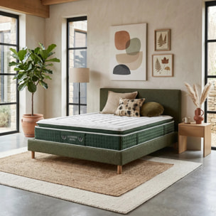 Ensemble matelas Jade & lit fixe Colisée | Mémoire de forme et ressorts ensachés | cadre à lattes | Velours côtelé | Bleu nuit
