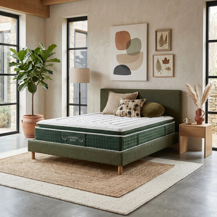 Ensemble matelas Jade & lit fixe Colisée | Mémoire de forme et ressorts ensachés | cadre à lattes | Velours côtelé | Bleu nuit