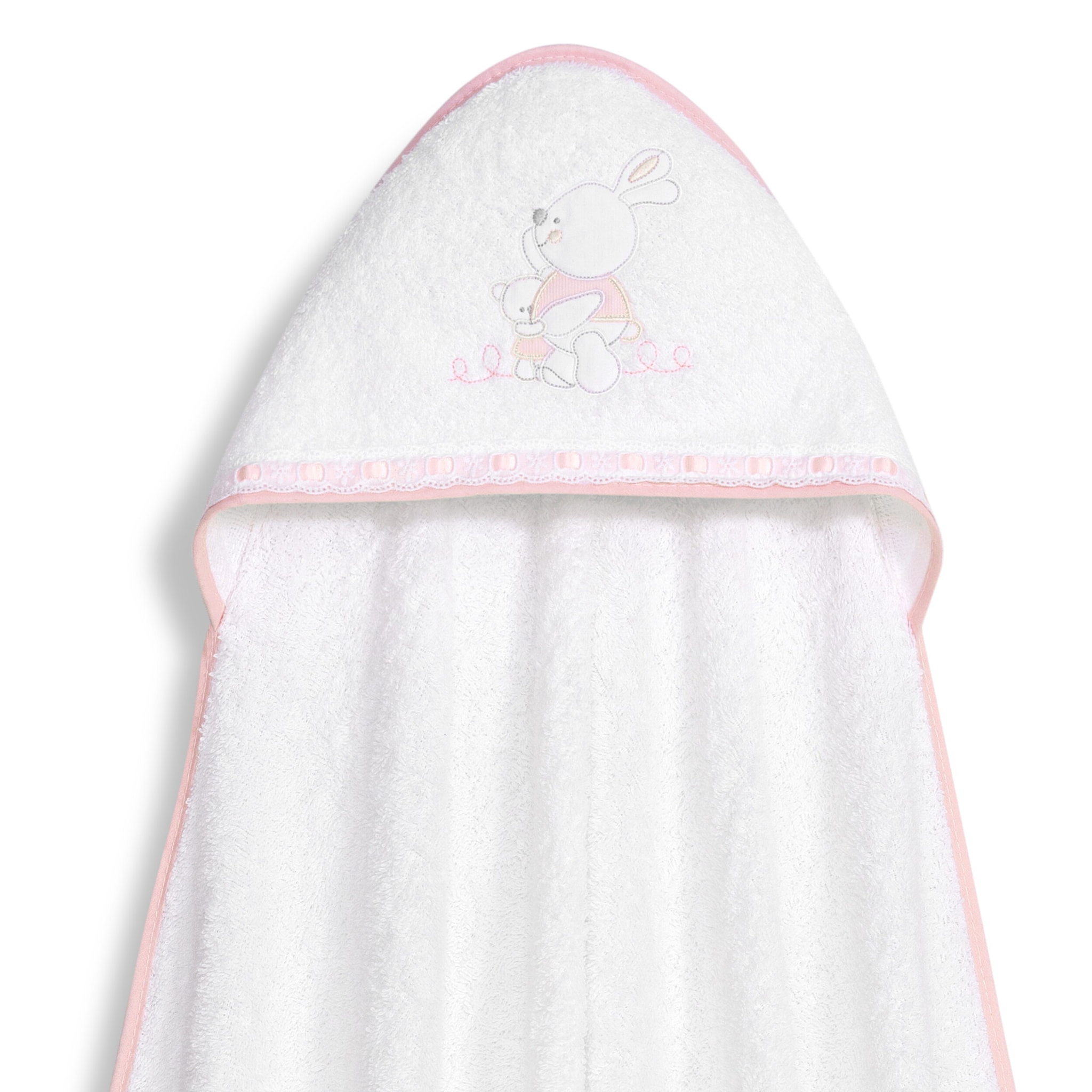 Capa Baño 1X1 Mod Conejitos Abrazos Pasacinta + Gorro Bco/Rosa