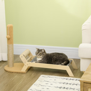 Lit pour chat arbre à chat griffoir grattoir avec hamac et pompon suspendu dim. 88,5L x 31,5l x 54,5H cm naturel