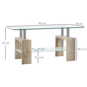 HOMCOM Mesa de Centro Rectangular Mesa Auxiliar de Salón con 2 Estantes de Vidrio Templado Marco de Acero Inoxidable y Patas de Madera Estilo Moderno 90x50x42 cm Natural