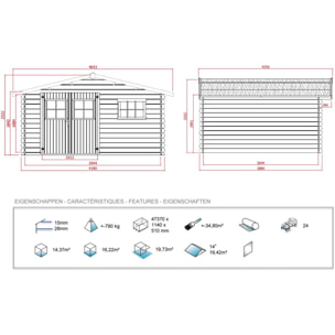 Abri jardin bois - 19,72 m² - 4.64 x 4.25 x 2,32 m - 28 mm