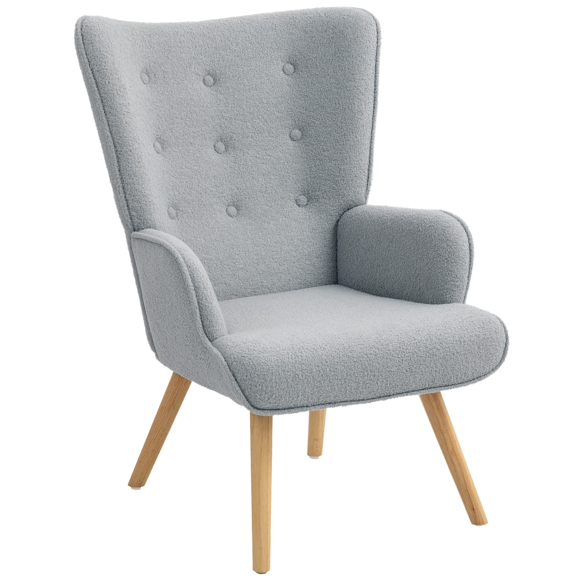 Fauteuil à oreilles style nordique piètement bois effet laine bouclée gris
