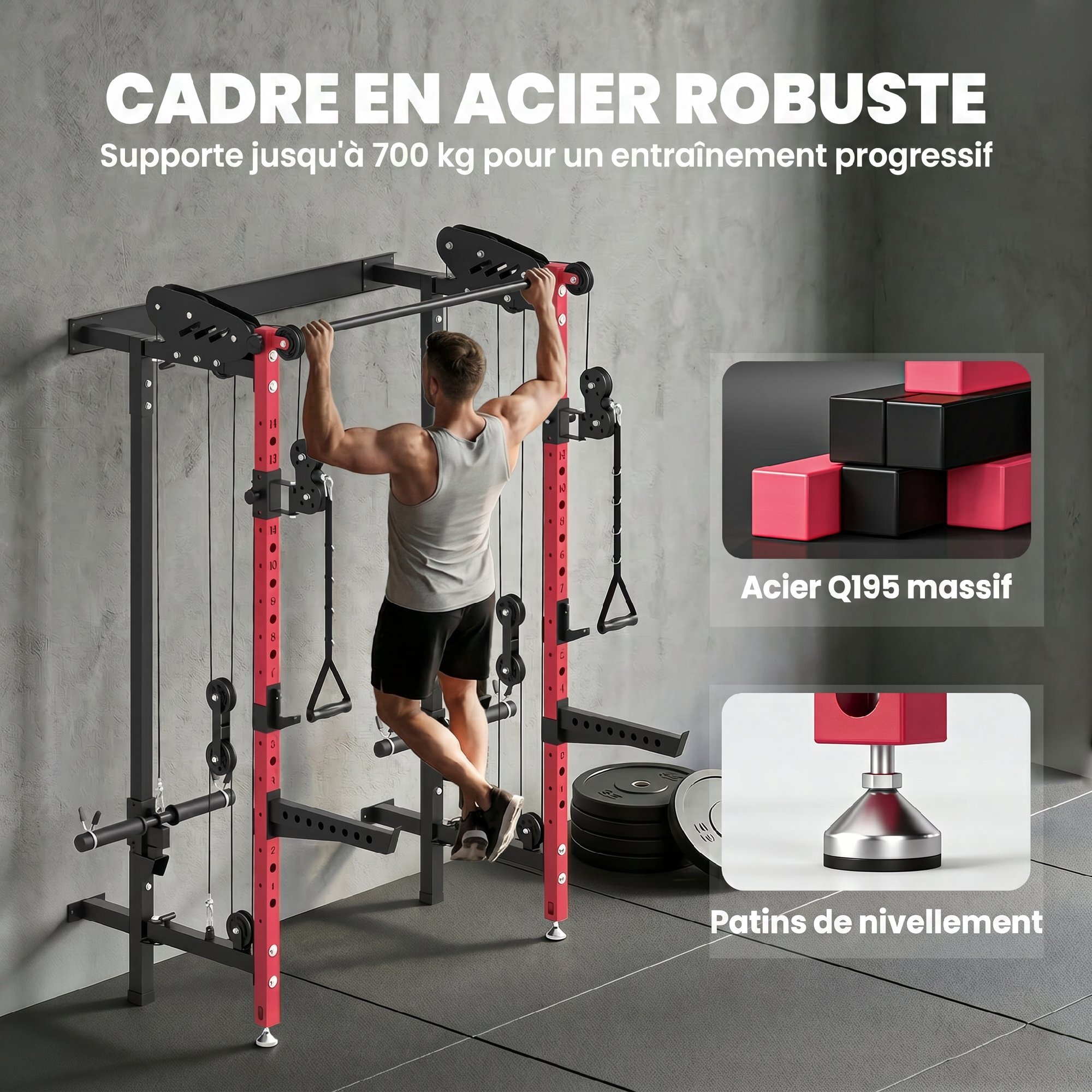 Station de musculation pliable - power rack  700kg double poulie réglable 14 niv. acier rouge noir