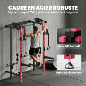 Station de musculation pliable - power rack  700kg double poulie réglable 14 niv. acier rouge noir