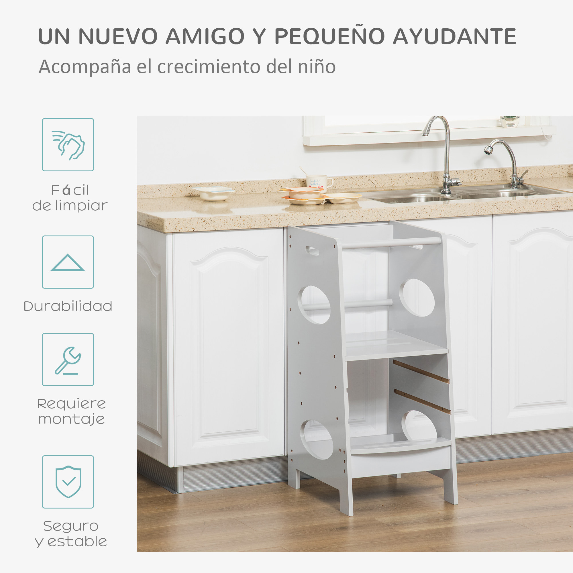 Torre de Aprendizaje de Madera para Niños Taburete de Cocina Infantil con Pedal Altura Ajustable en 3 Posiciones y Barra de Seguridad 40x50x90 cm Gris