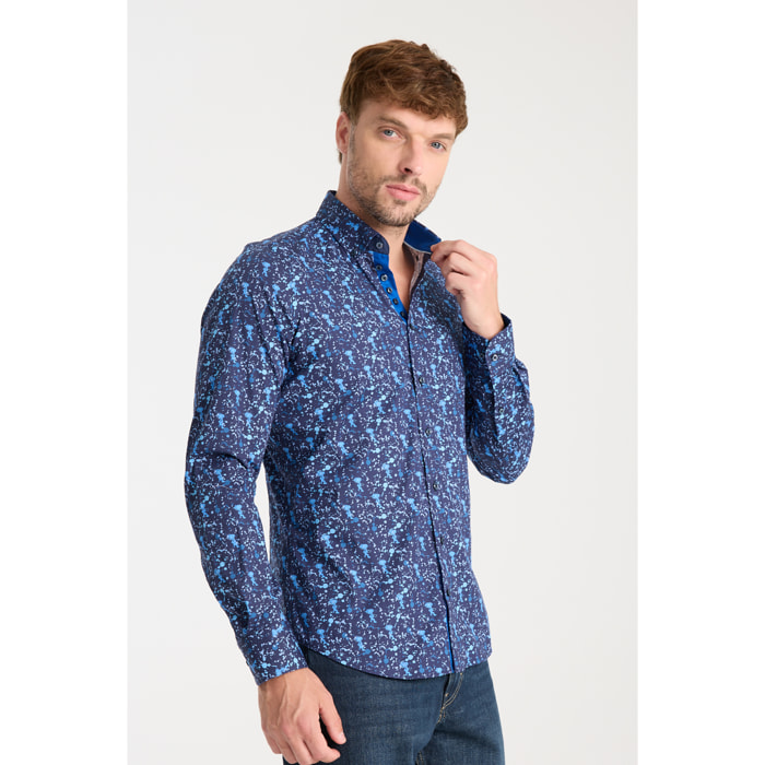 Camicia Uomo 1 Bottoni Button Down Slim Popeline Stretch Stampato Blu/Blu Avion