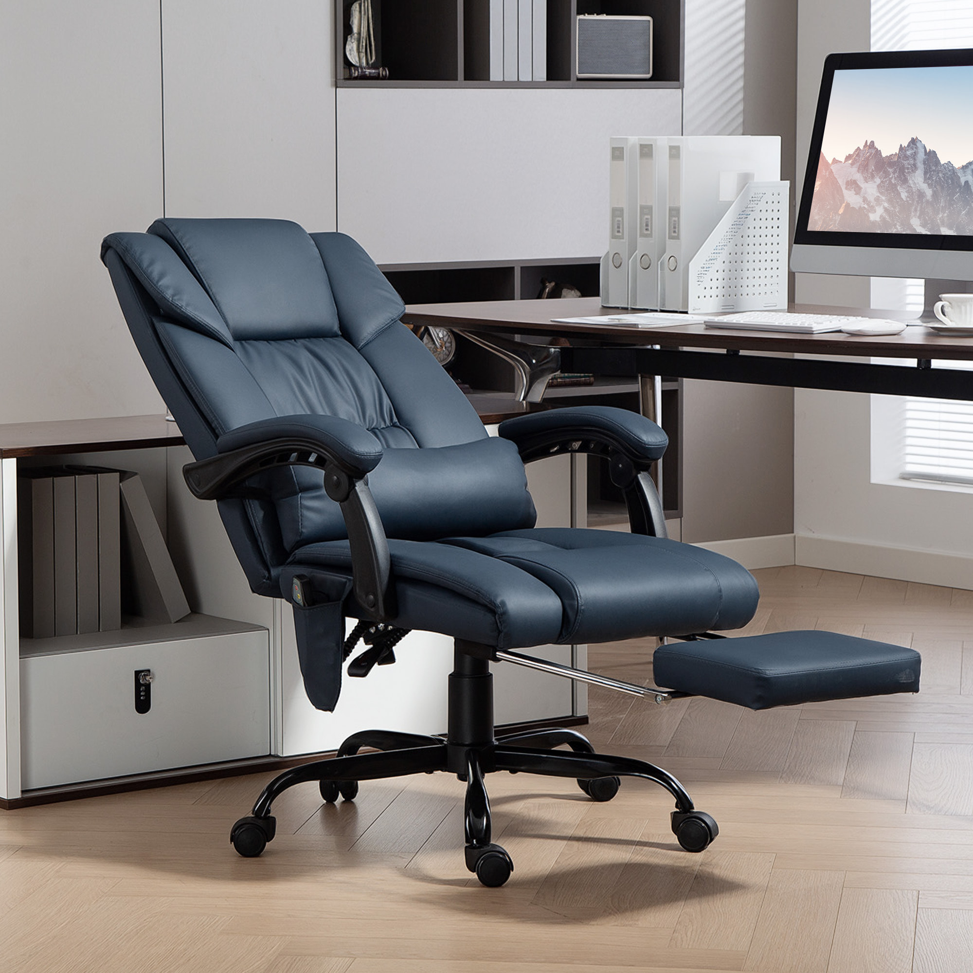 Fauteuil de bureau direction massant inclinable réglable - repose-pieds rétractable intégré - acier noir PU bleu