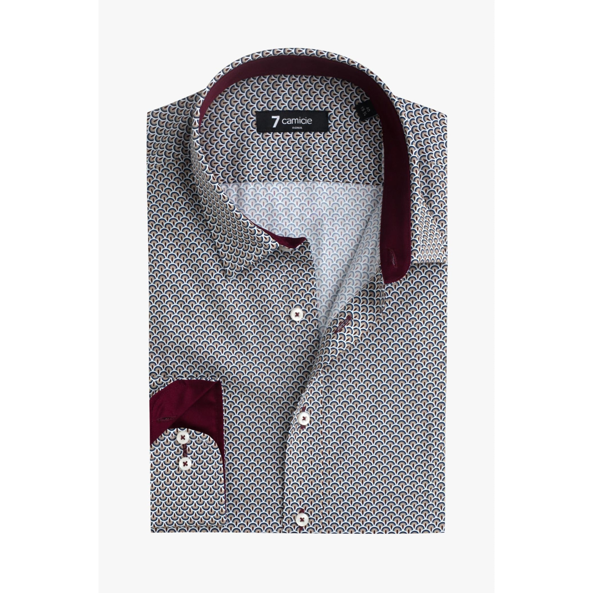 Camicia Uomo 1 Bottone Italiano Slim Popeline Stampato Mastice e Blu