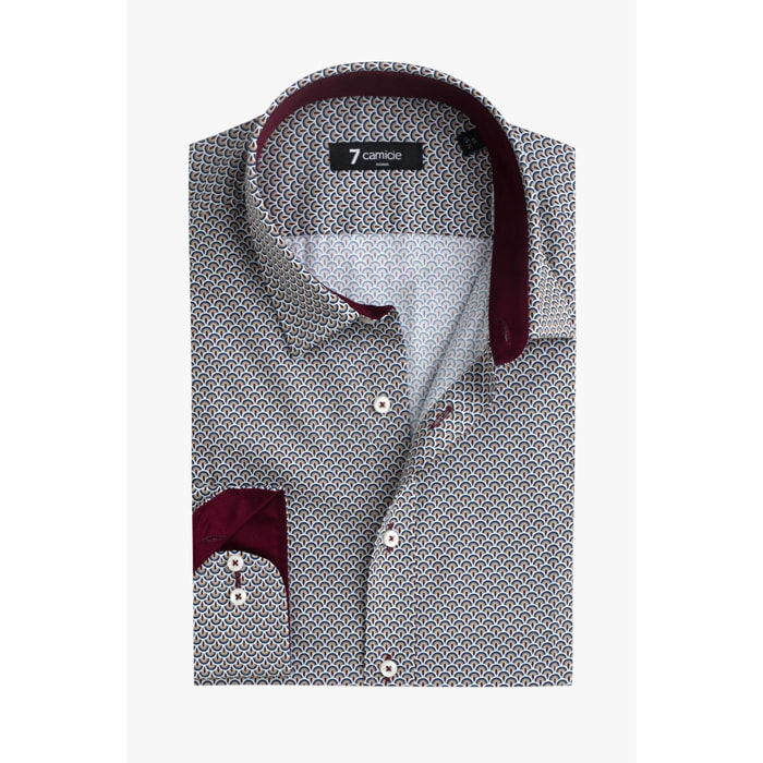 Camicia Uomo 1 Bottone Italiano Slim Popeline Stampato Mastice e Blu