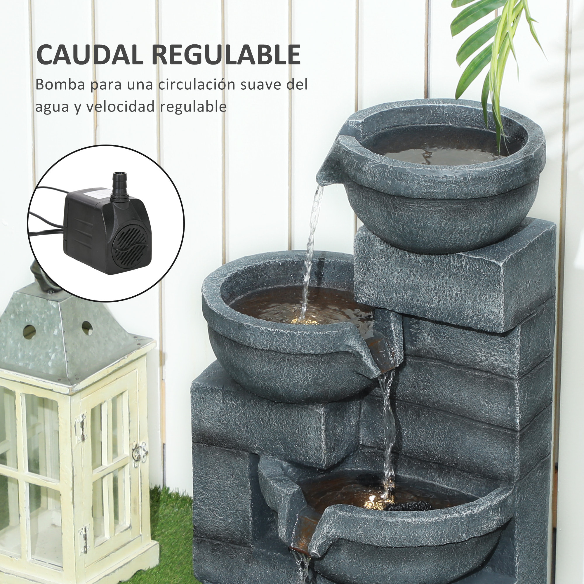 Fuente de Agua Fuente de Jardín con Iluminación LED Fuente Decorativa en Cascada de 4 Niveles para Jardín Patio Terraza 38x35x78,5 cm Gris
