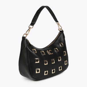 Borsa a spalla con occhielli in metallo quadrati