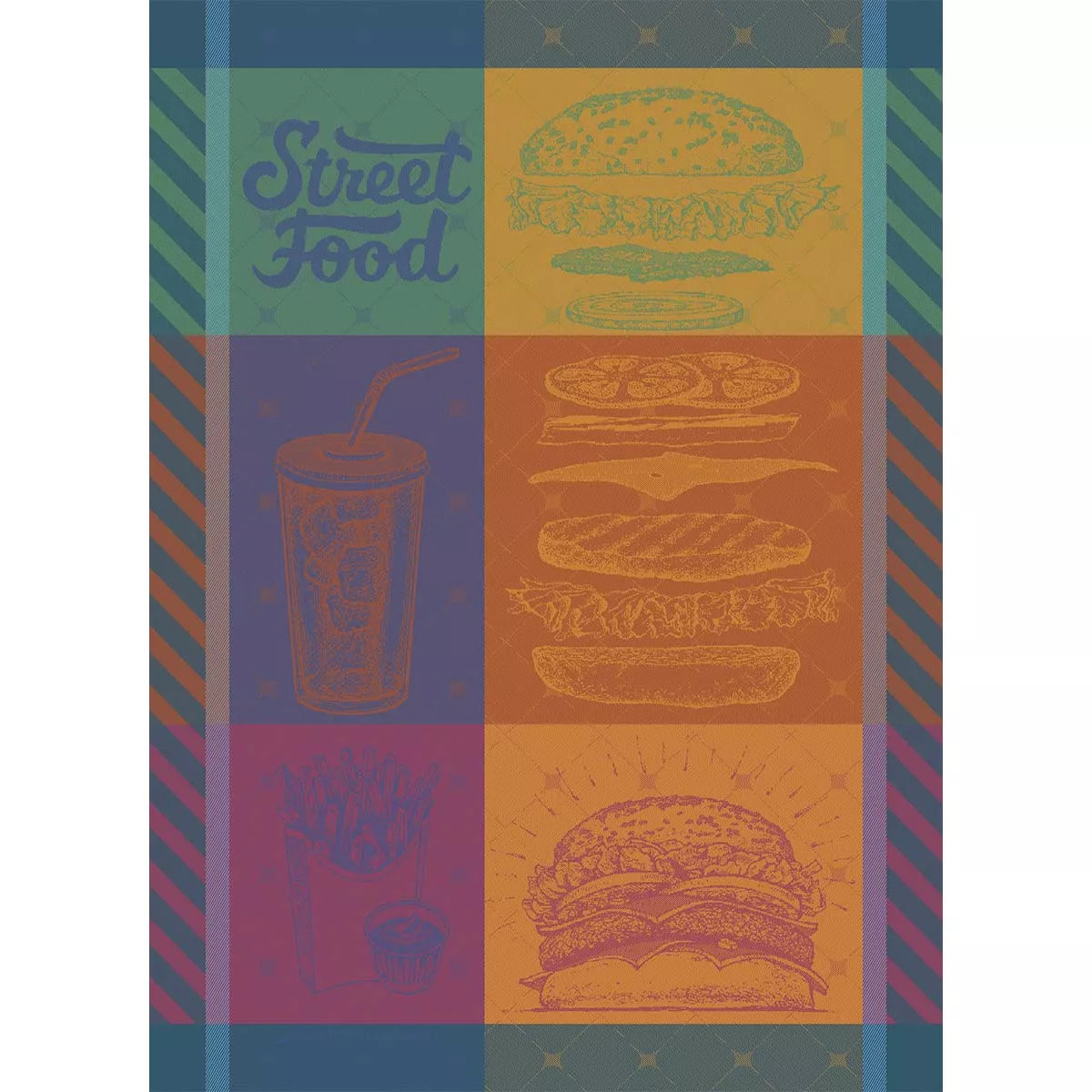 Torchon pur coton motif jacquard bleu orange Street food usa gourmand