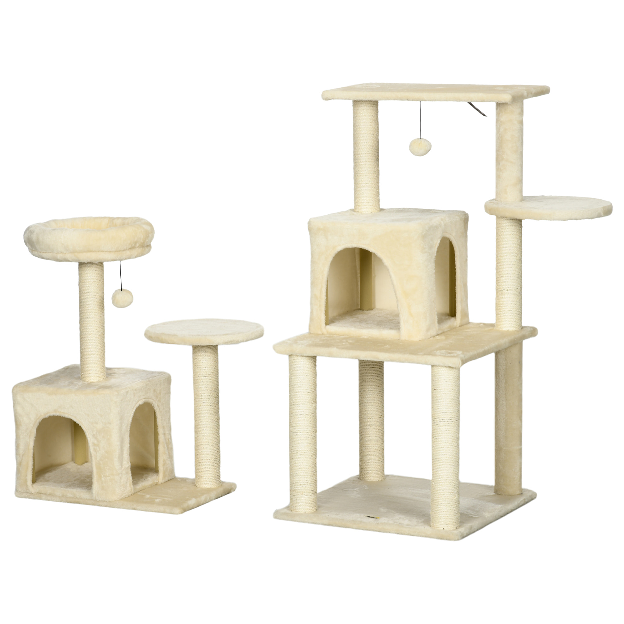 Arbre à chat modulable - griffoirs, 2 niches, 4 plateformes, 2 boules suspendues - peluche douce beige