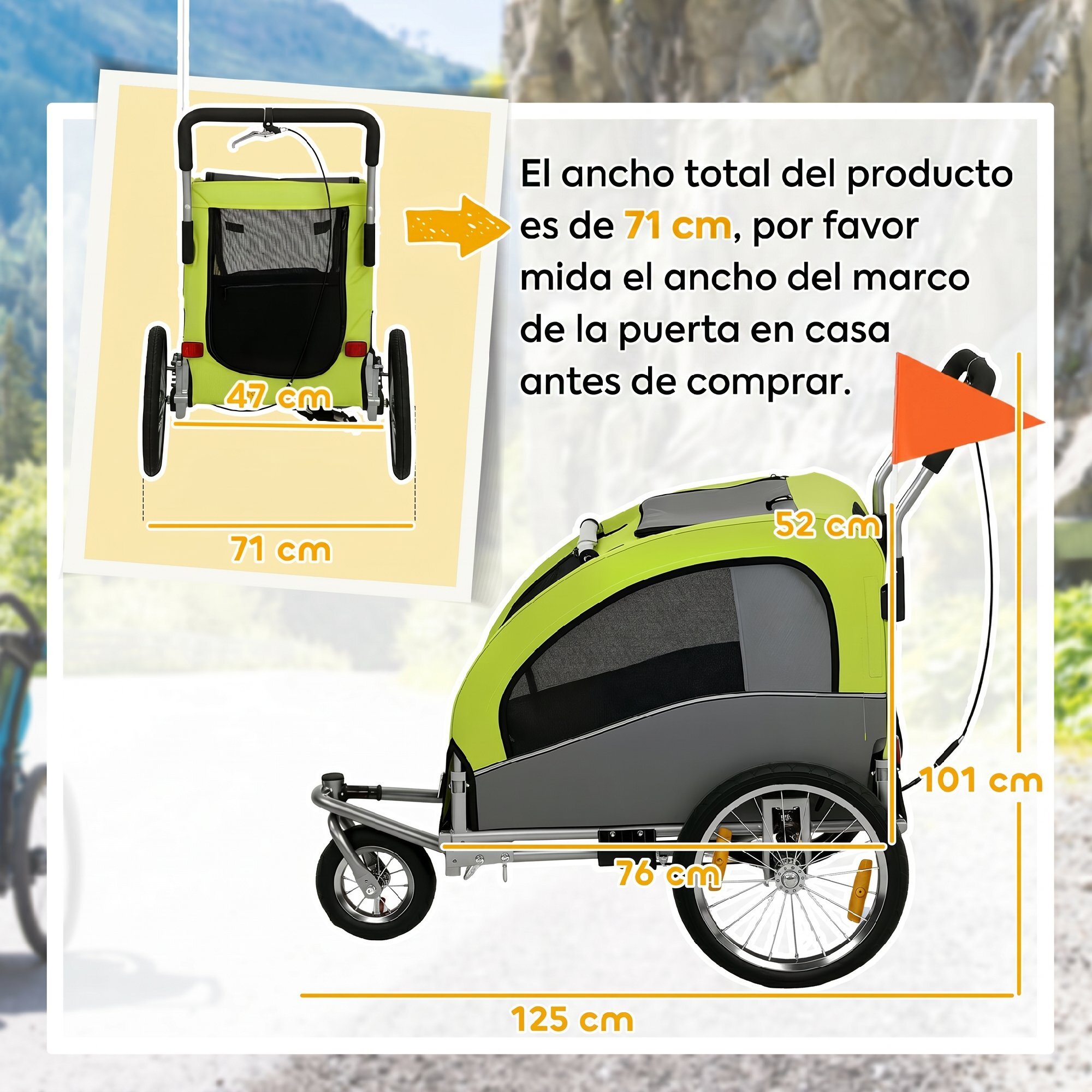 Remolque de Bicicleta Perros 2 en 1, Carrito para Perros Medianos hasta 20 kg y Gatos Plegable con Suspensión, Neumáticos Grandes, Ventanas de Malla, Freno de Mano, Reflectores, Bandera, Verde