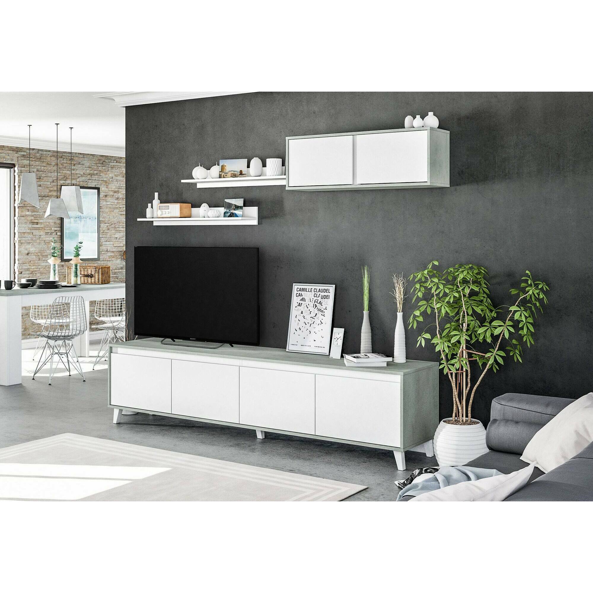 Parete attrezzata Kaya, Set da soggiorno, Mobile salotto multiuso, Parete attrezzata moderna, 200x41h50 cm, Cemento e Bianco lucido