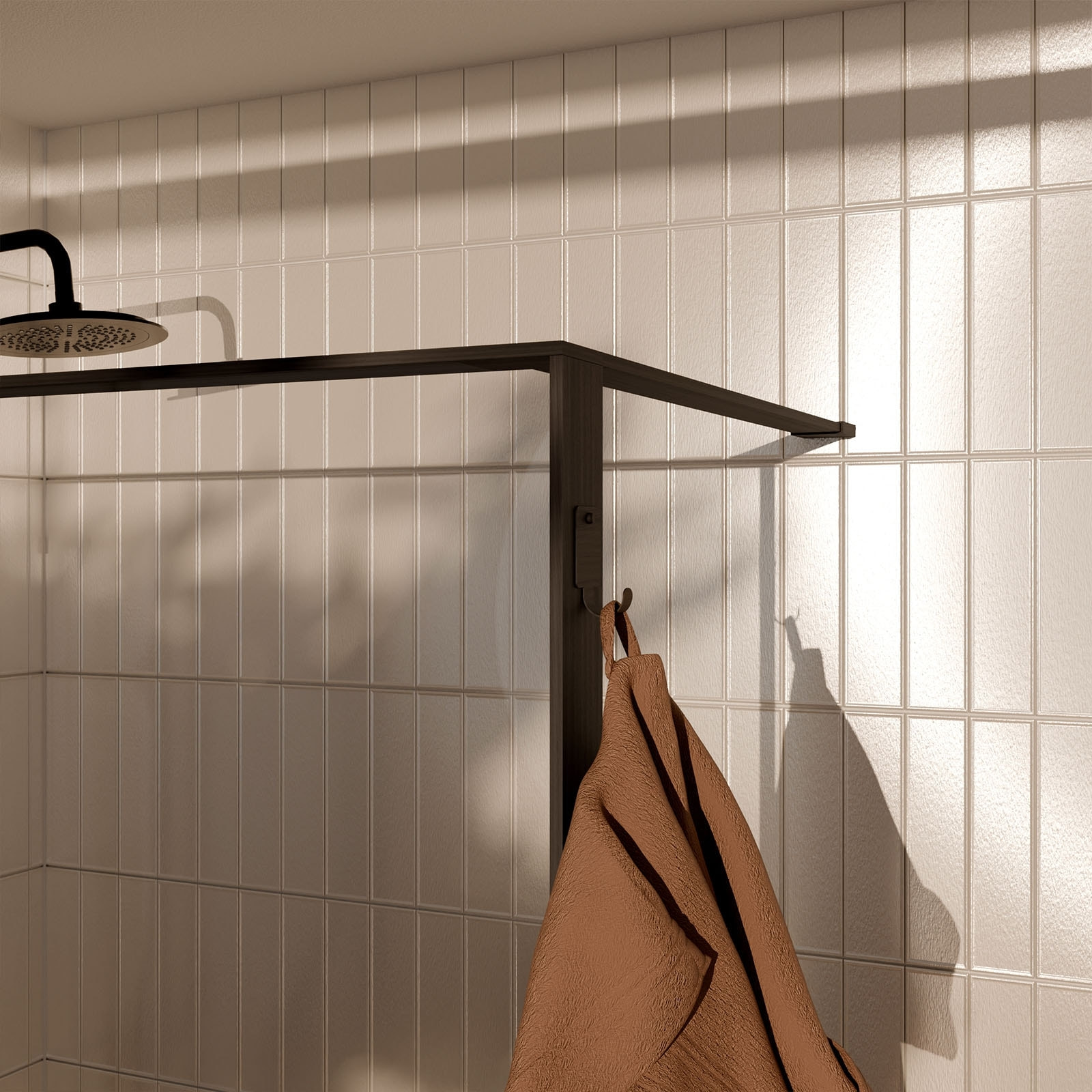 Paroi de douche 100x200cm - Cadre et étagère finition chêne foncé - Verre 8mm anticalcaire - ETHAN