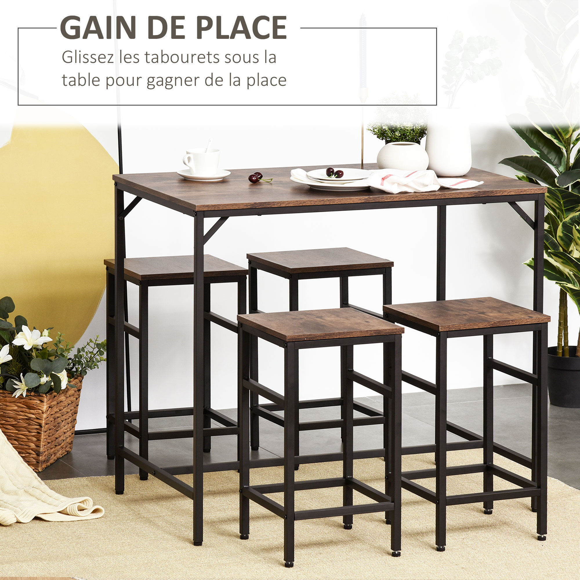 Ensemble table de bar 4 tabourets design industriel métal noir aspect bois