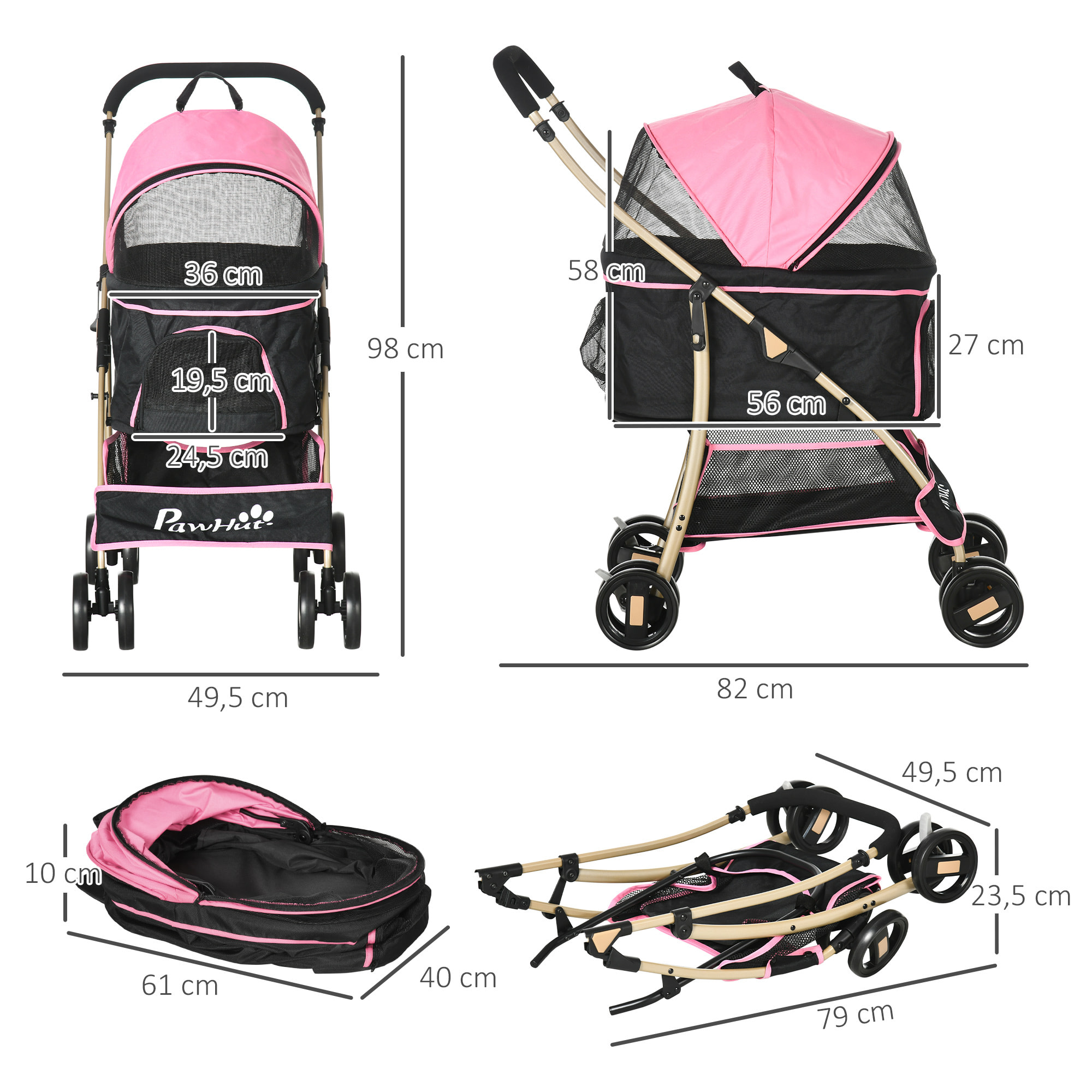 3 en 1 Cochecito para Mascotas Carrito para Perros y Gatos Desmontable Bolsa de Transporte Plegable con Cesta de Almacenaje y Frenos Tela Oxford 600D Carga 15 kg 82x49,5x98 cm Rosa