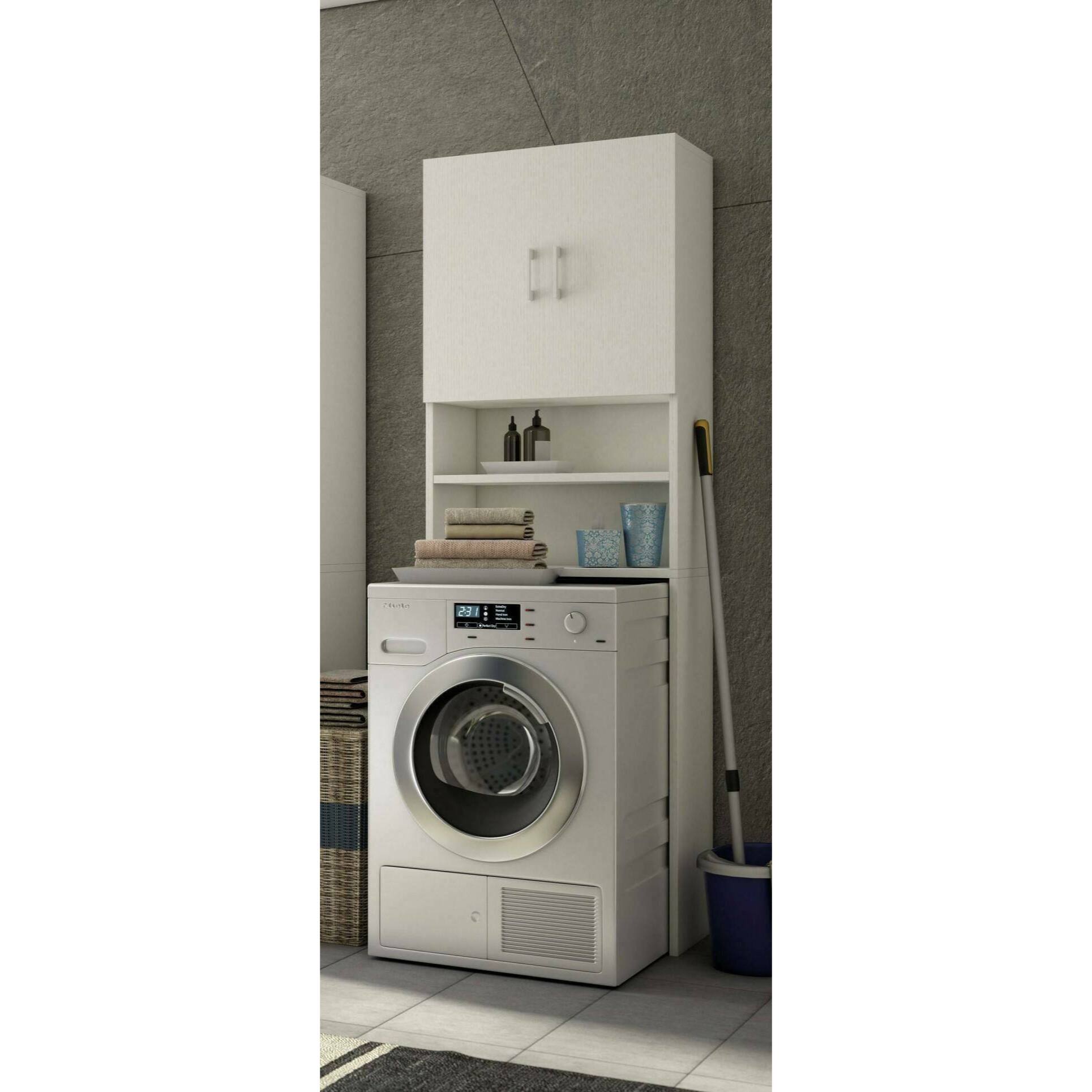 Armadio multiuso Anemone, Mobile lineare a 2 Ante battenti e ripiani, Mobile per lavanderia portalavatrice, 100% Made in Italy, Cm 65x32h195, Bianco