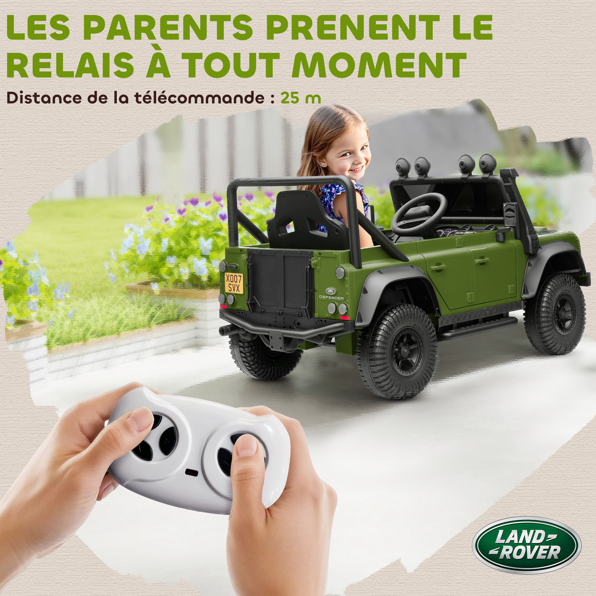 Voiture électrique enfant Land Rover Defender 110 SVX 12V 5Km/h max. télécommande vert