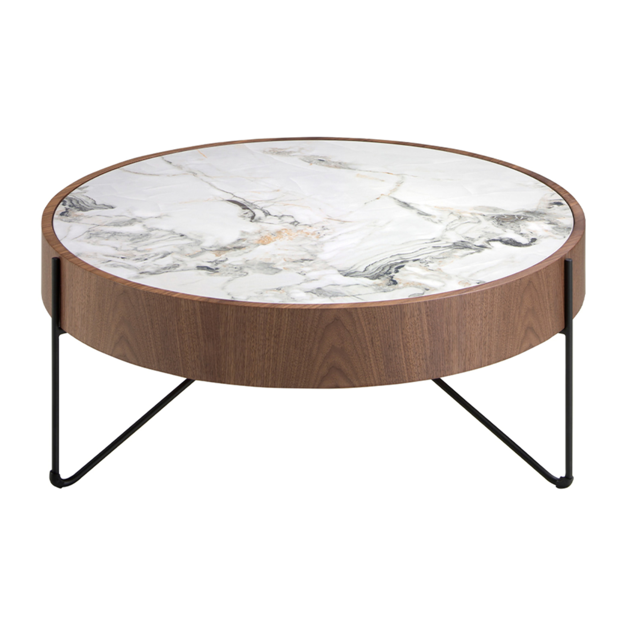 Mesa centro Angel Cerdá redonda en madera chapada en nogal natural y tapa de mármol porcelánico blanco con vetas en tonalidades grises y marrones en brillo 81x81x33cm