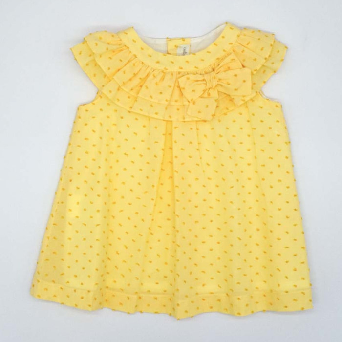 VESTIDO CON CUELLO VOLANTE EN CUELLO Y LAZO PLUMETI AMARILLO