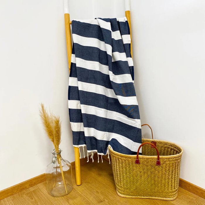Fouta plate traditionnelle Bleu 100x200 190g/m² - Transat Bleu Marine