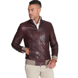 Giubbotto bomber in pelle naturale bordeaux lana a contrasto beige