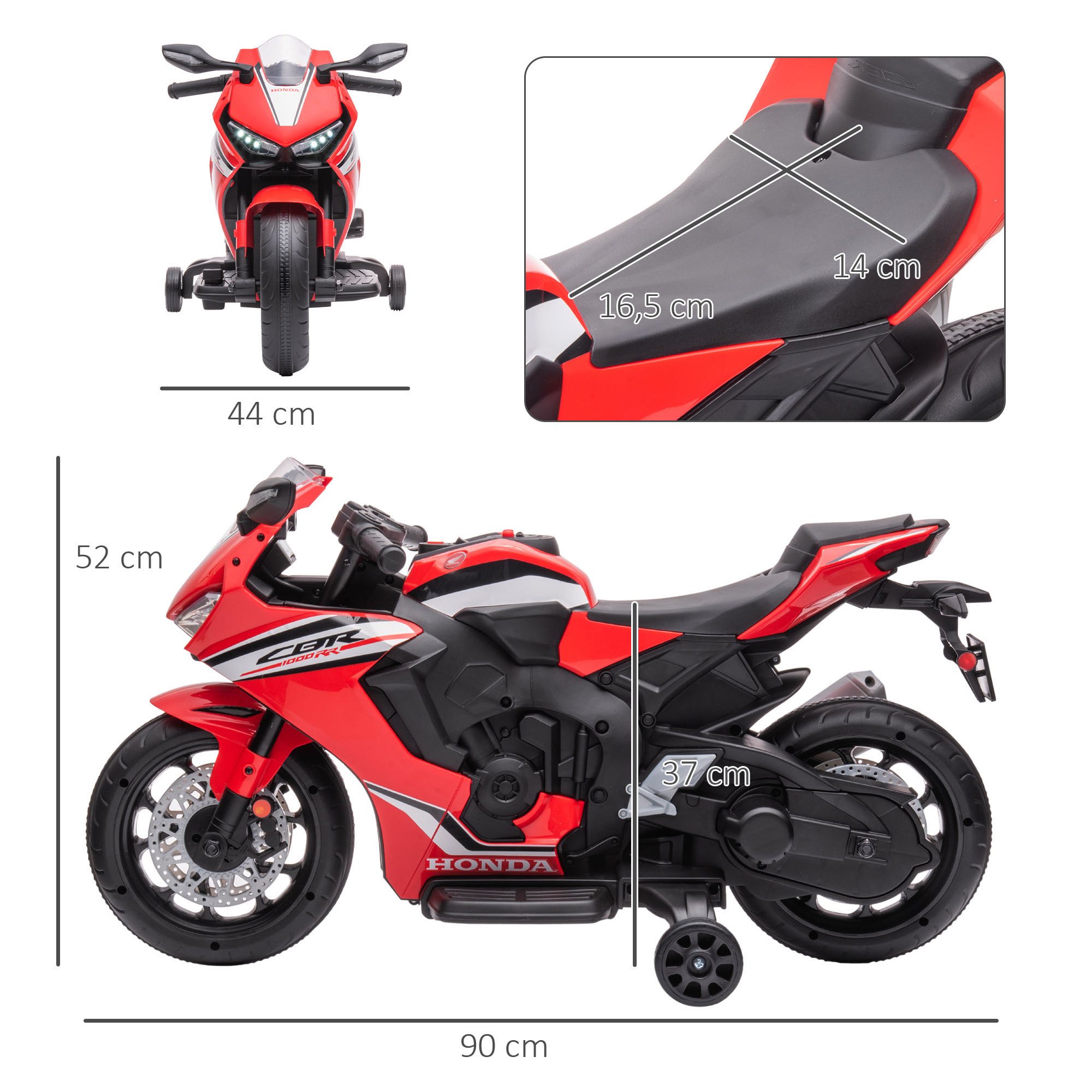 Moto Eléctrica con Licencia HONDA para Niños de 3-5 Años Moto a Batería 6V con Faro Bocina Música y Ruedas Auxiliares Extraíbles Carga 30 kg 90x44x52 cm Rojo