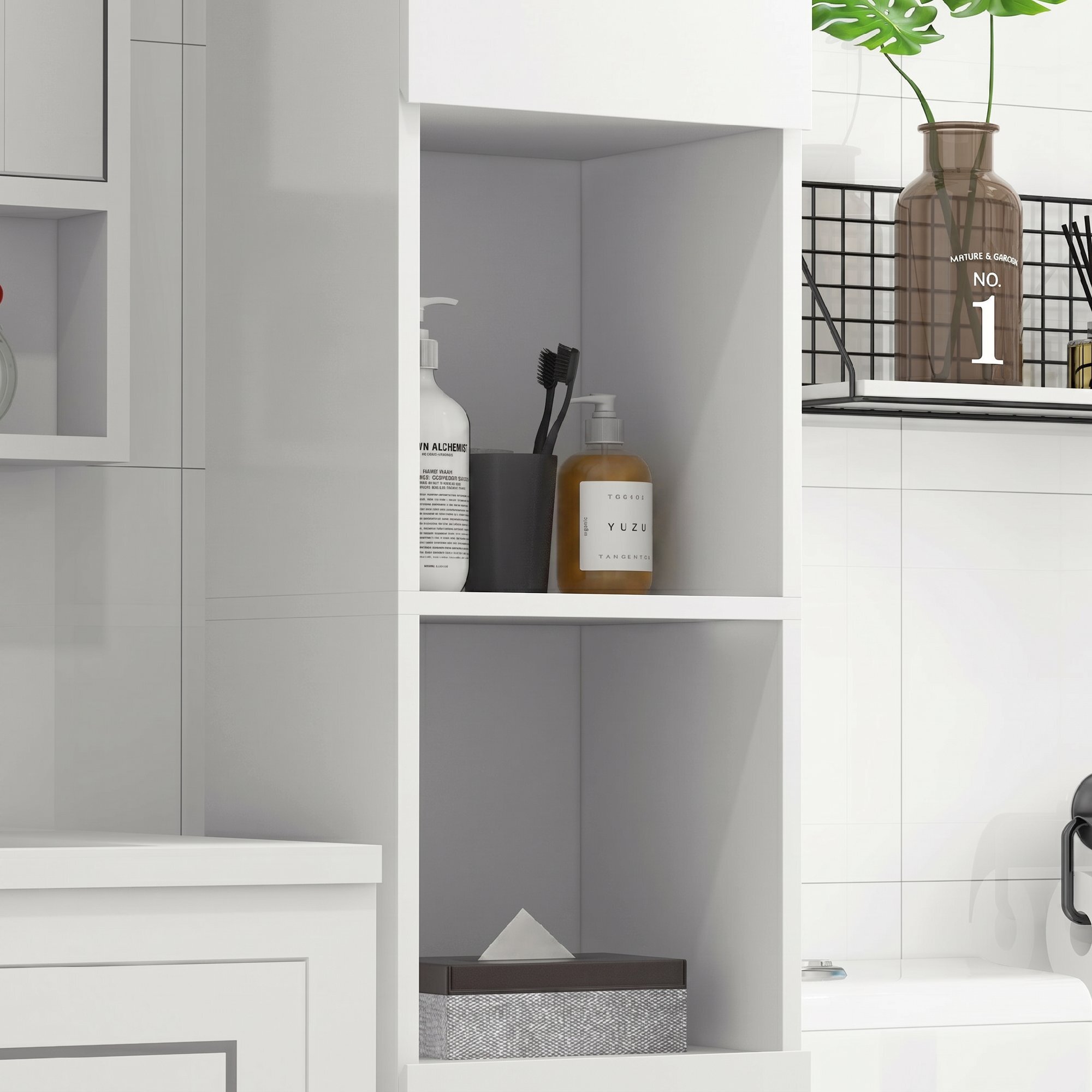 kleankin Armario de Baño Alto, Mueble de Baño Estrecho con Puertas y Estantes Ajustables, 30x30x81,5 cm, Blanco Brillo