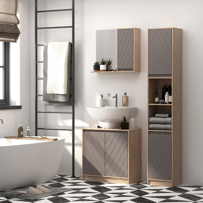 Conjunto de Baño Incluye 1 Mueble para Debajo del Lavabo 1 Armario de Baño con Espejo y 1 Columna de Baño con Estante Ajustable Roble y Gris