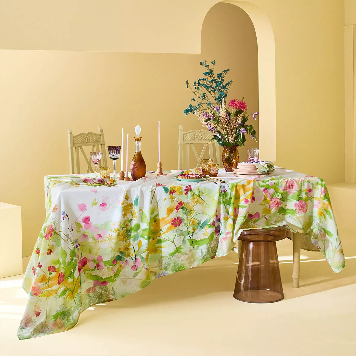 Chemin de table lin & coton lavé 150 g/m² imprimé rose jaune vert Souffle fleuri printemps