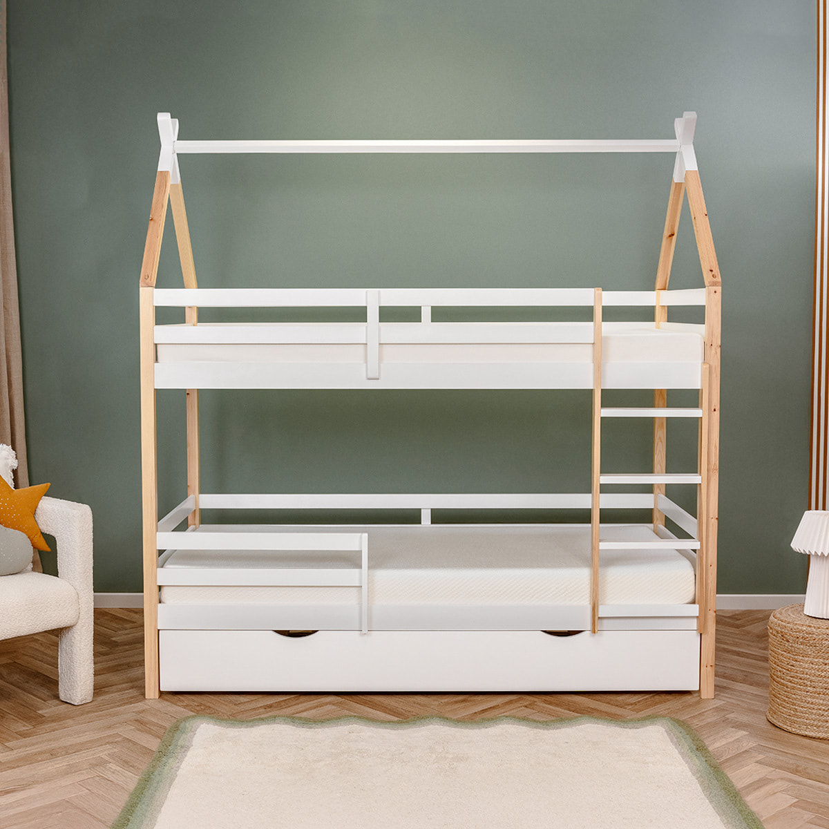 Lit Cabane superposé tiroir sommier bois blanc 90x190cm - Hypnia