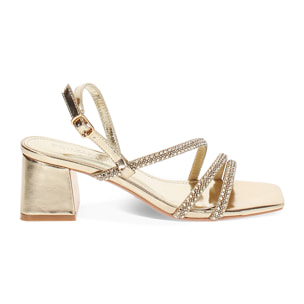 Sandalo donna argento con pietre, tacco largo 5,5 cm