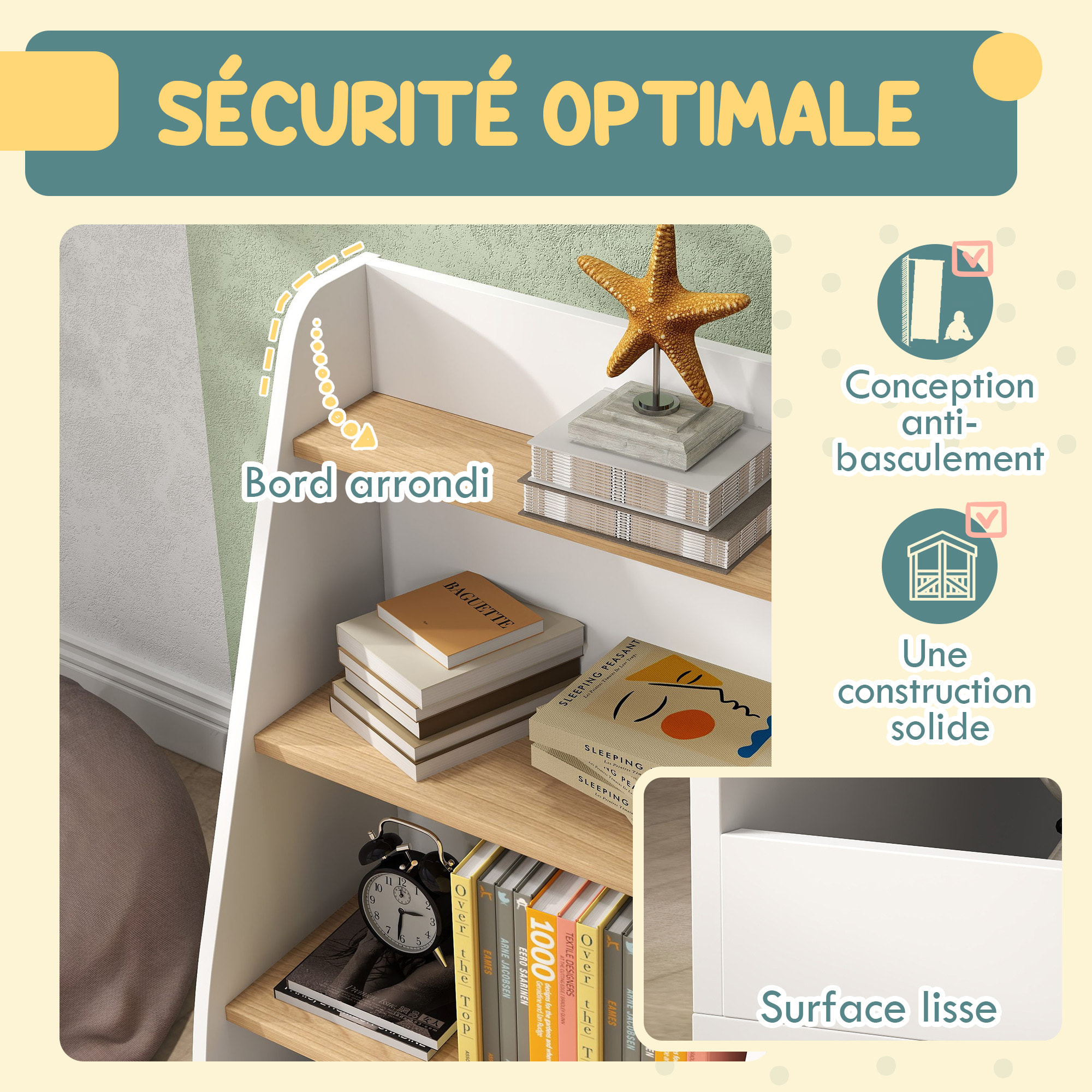 Bibliothèque enfant style nordique - 7 étagères, 2 niches - MDF blanc bois de pin clair