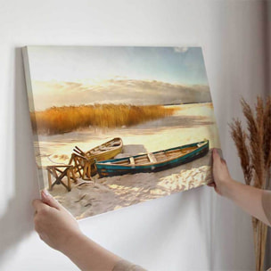 Tableau barques enneigées au lever doré Toile imprimée