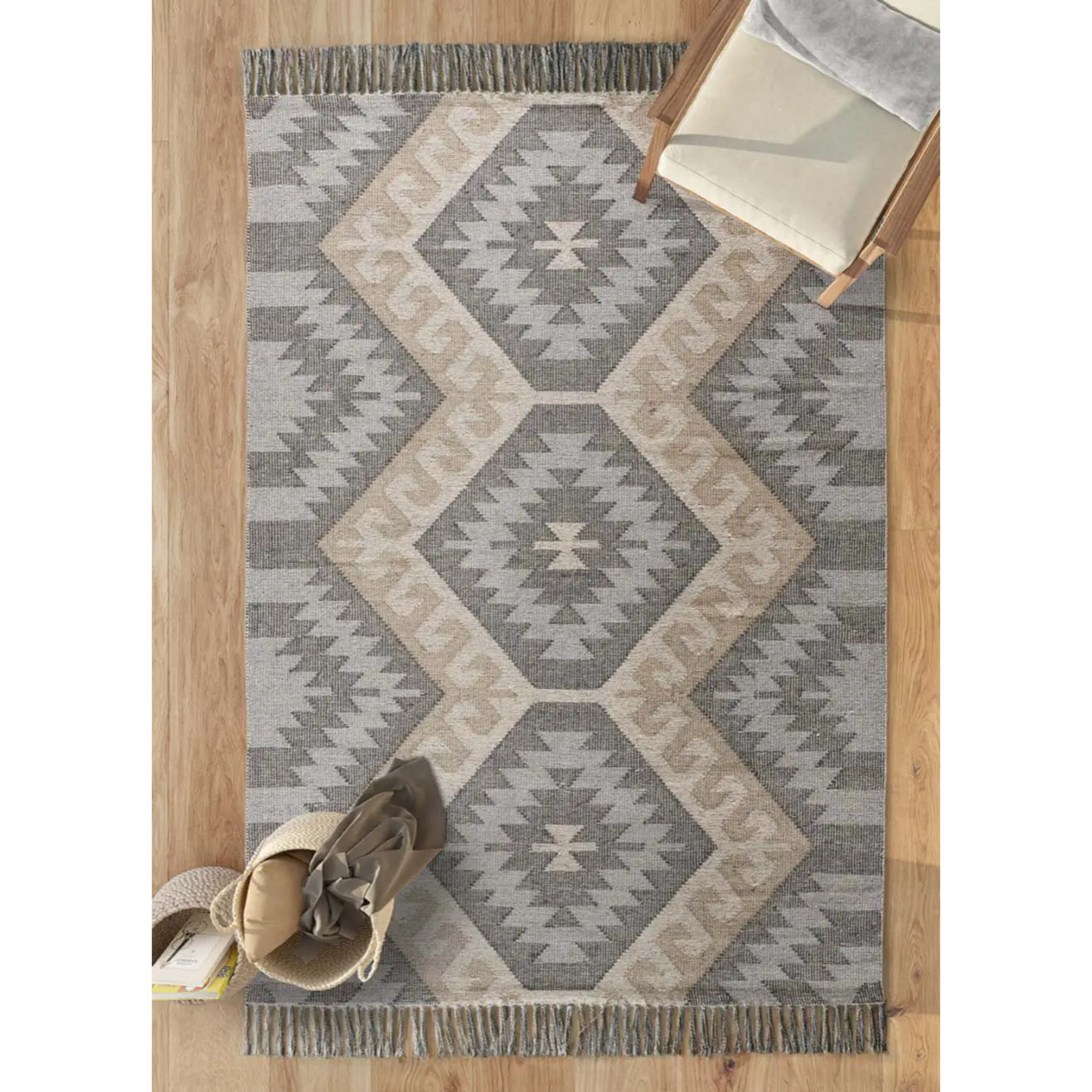 CHANDIA Alfombra kilim algodón reciclado con flecos en tonos gris, varias medidas disponibles