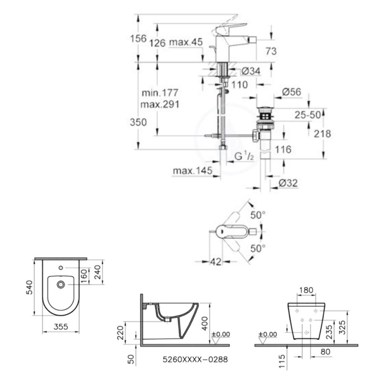 Vitra Integra bidet suspendu et trop-plein, 35,5x54 cm + Grohe Mitigeur monocommande 1/2" (7042-0288G23331000)