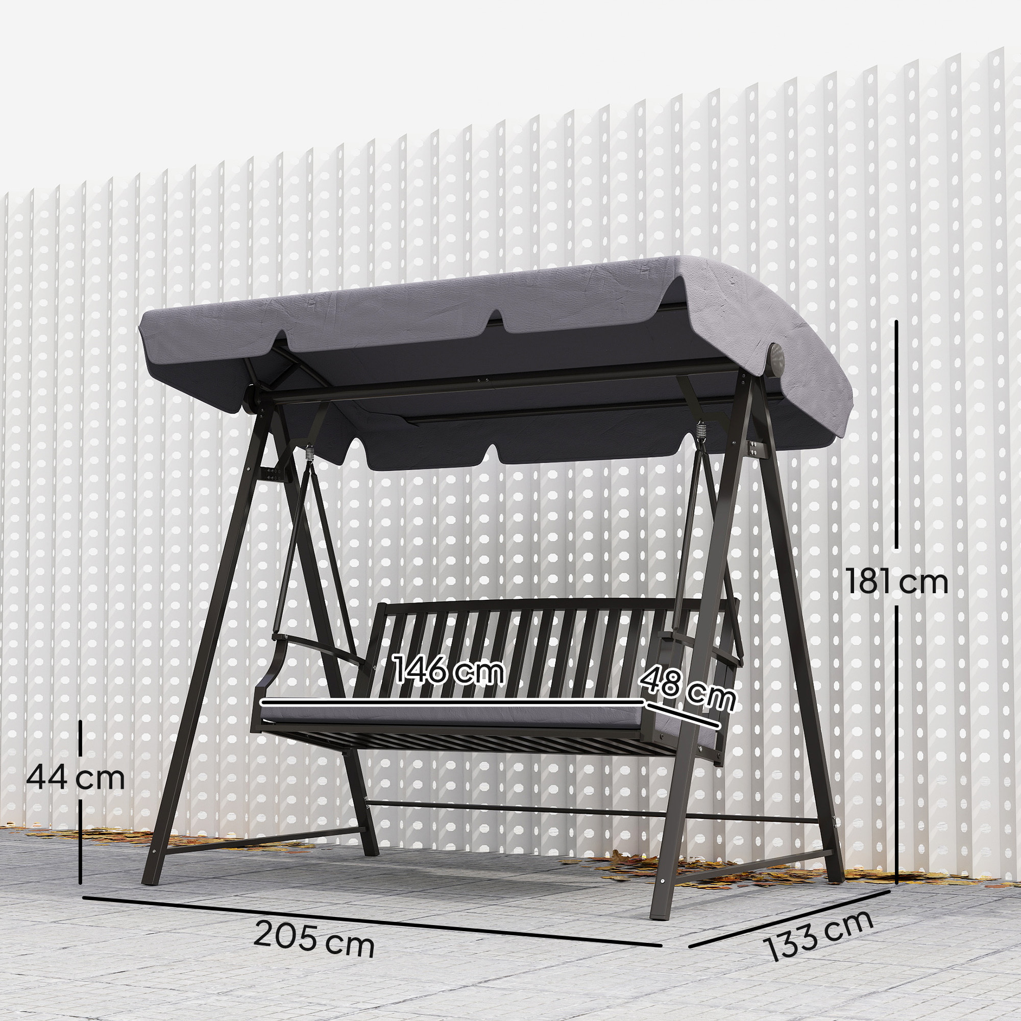 Columpio de Jardín Exterior de 3 Plazas Balancín de Jardín Exterior con Toldo Ajustable Cojín y Estructura de Acero Carga 360 kg 205x133x181 cm Gris