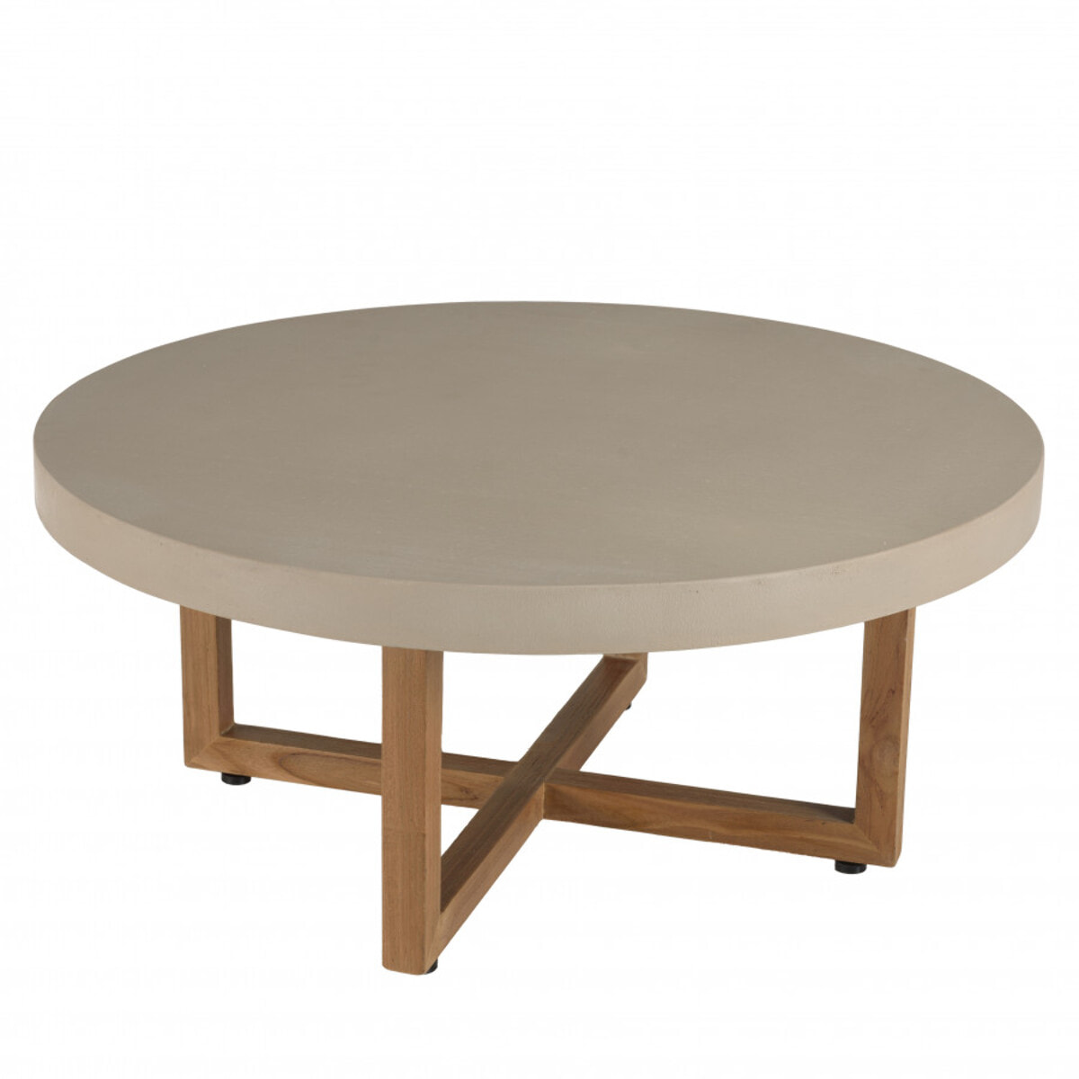 ERIS - Table basse ronde 92x92cm en béton beige pieds croisés en teck