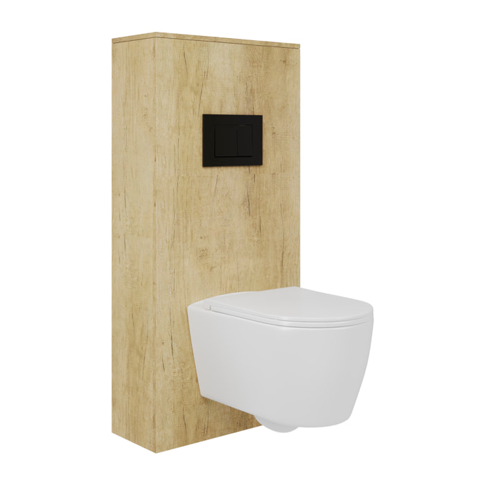 Pack Wc Suspendu + Châssis + Boîtier de Support Nature | Toilette Blanc Mat | Bouton Noir | Réservoir Encastré | Couvercle Amorti | Alday