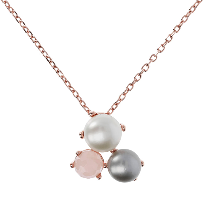 Collana con Pendente Trilogy in Quarzo Rosa e Perle d'Acqua Dolce Ø 9/10 mm