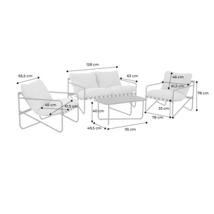 Salon de jardin 4 places avec table en métal. avec des sangles. anthracite et blanc