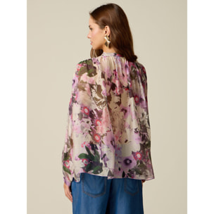 Oltre - Blusa in voile misto seta fantasia - Rosa