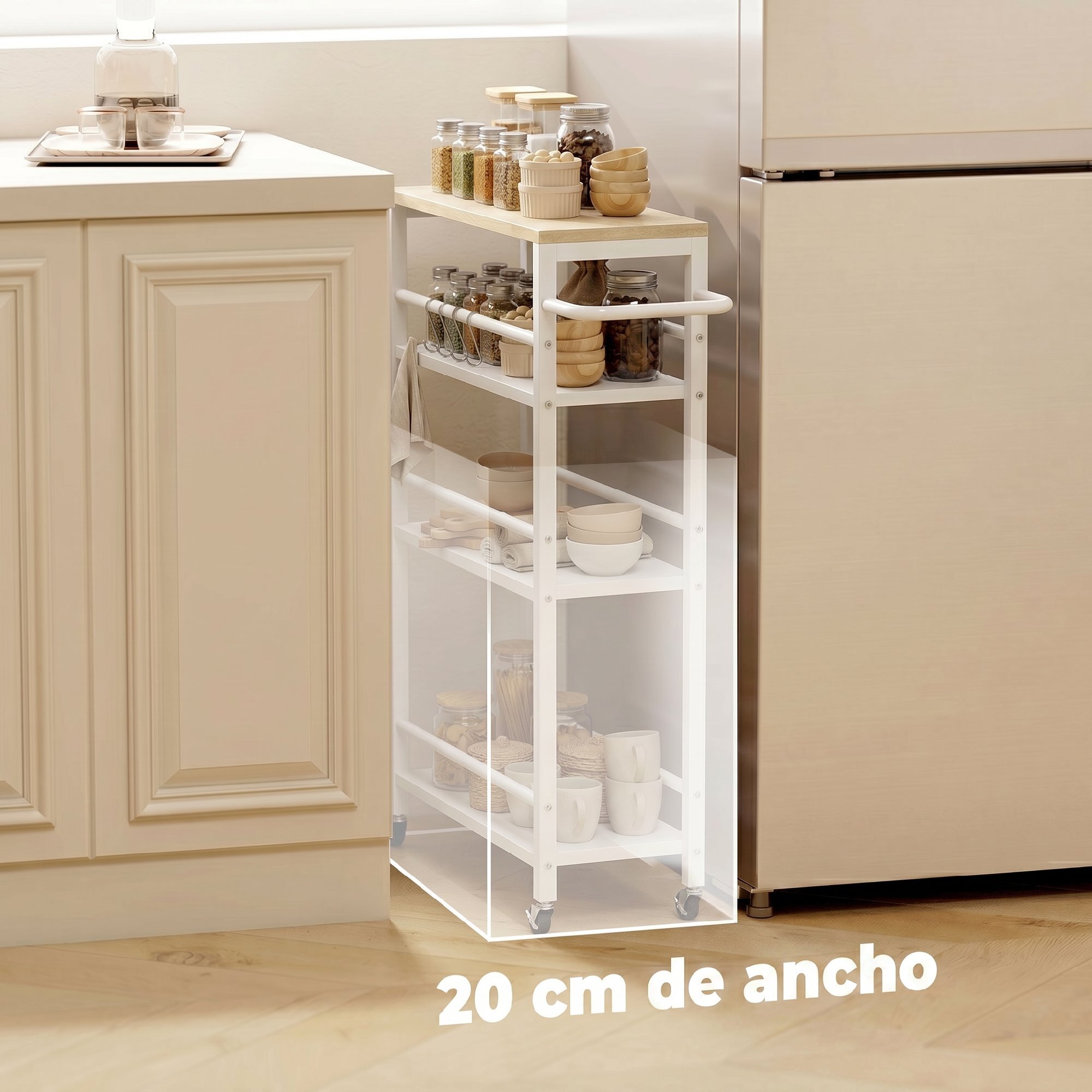 Carrito Auxiliar con Ruedas de 4 Niveles, Carrito de Cocina con Toallero y 6 Ganchos, Estrecho para Espacios Pequeños, Verduras, Frutas, para Comedor, 50x20x81 cm, Roble